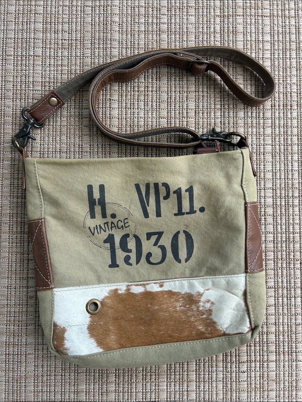 Myra Bag Vintage-Style Khaki Canvas Cow Skin Crossbody Bag Purse Handbag
